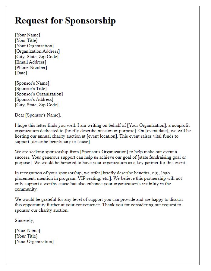 Letter template of fundraising sponsorship request for charity auction.