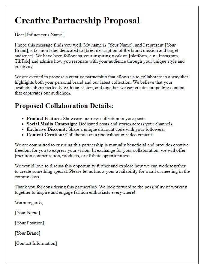 Letter template of creative partnership offer for fashion influencers