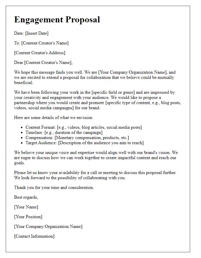 Letter template of engagement proposal for content creators