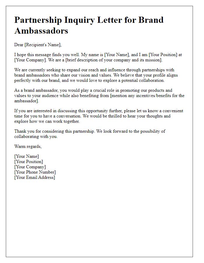 Letter template of partnership inquiry for brand ambassadors