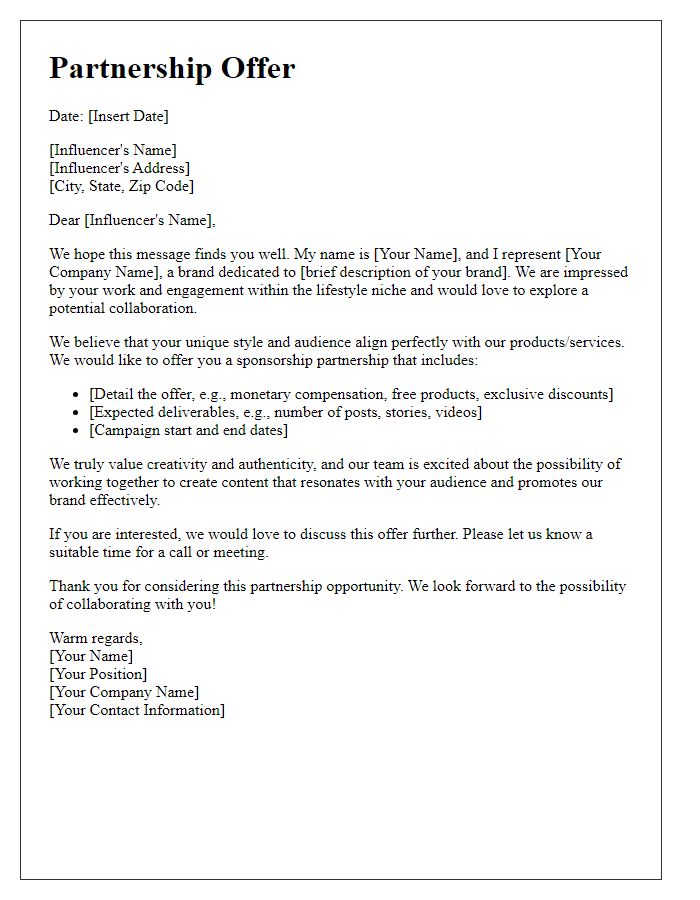 Letter template of sponsorship offer for lifestyle influencers