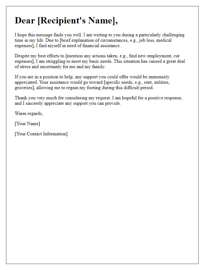 Letter template of appeal for financial support during tough times