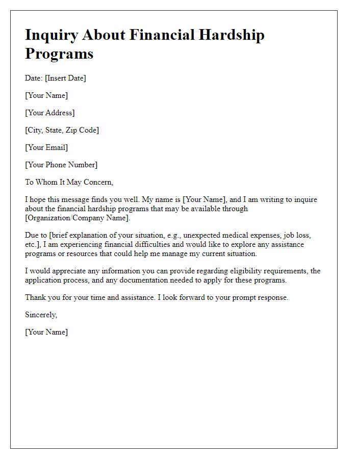 Letter template of inquiry about financial hardship programs