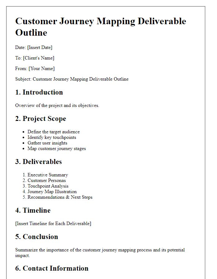 Letter template of freelance customer journey mapping deliverable outline.