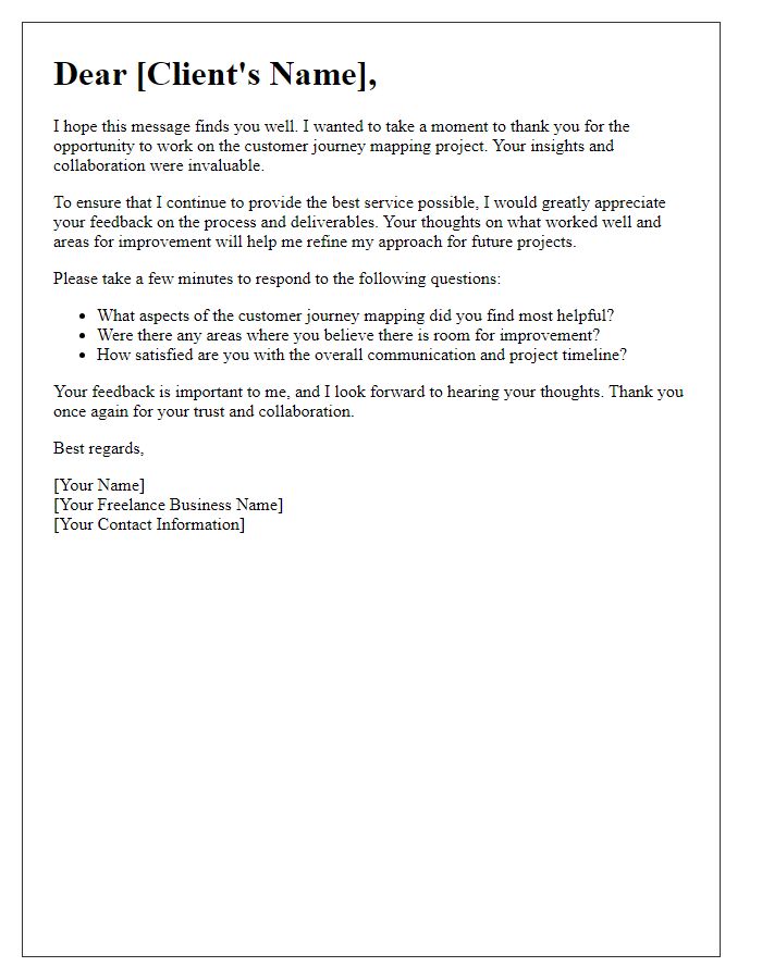 Letter template of freelance customer journey mapping feedback request.