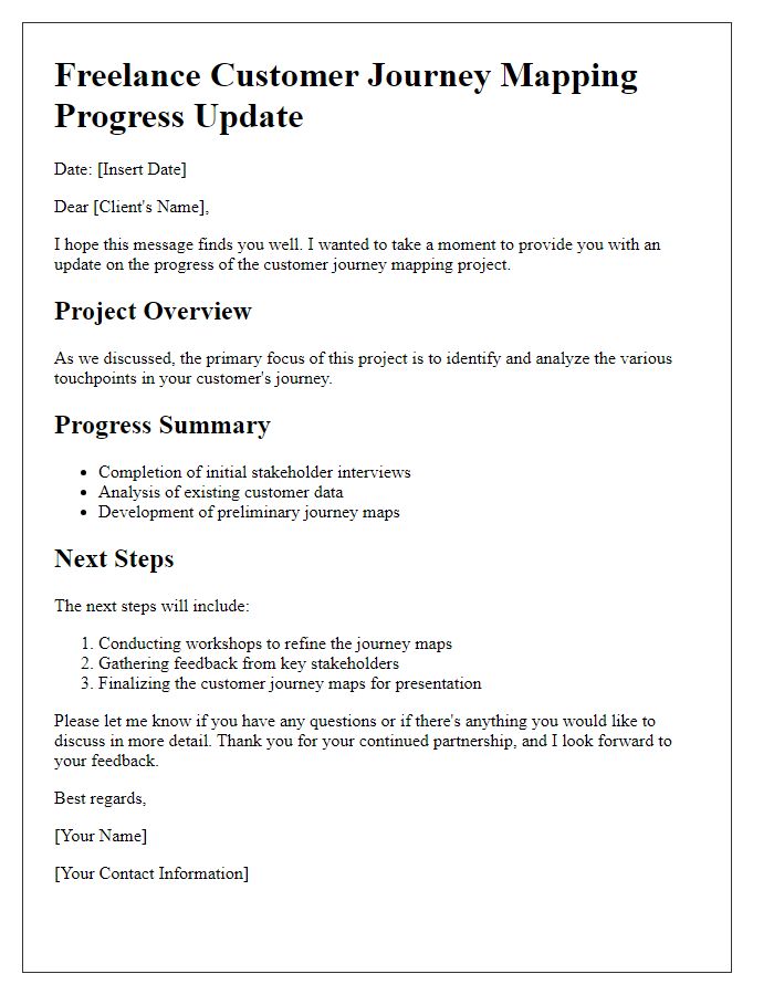 Letter template of freelance customer journey mapping progress update.