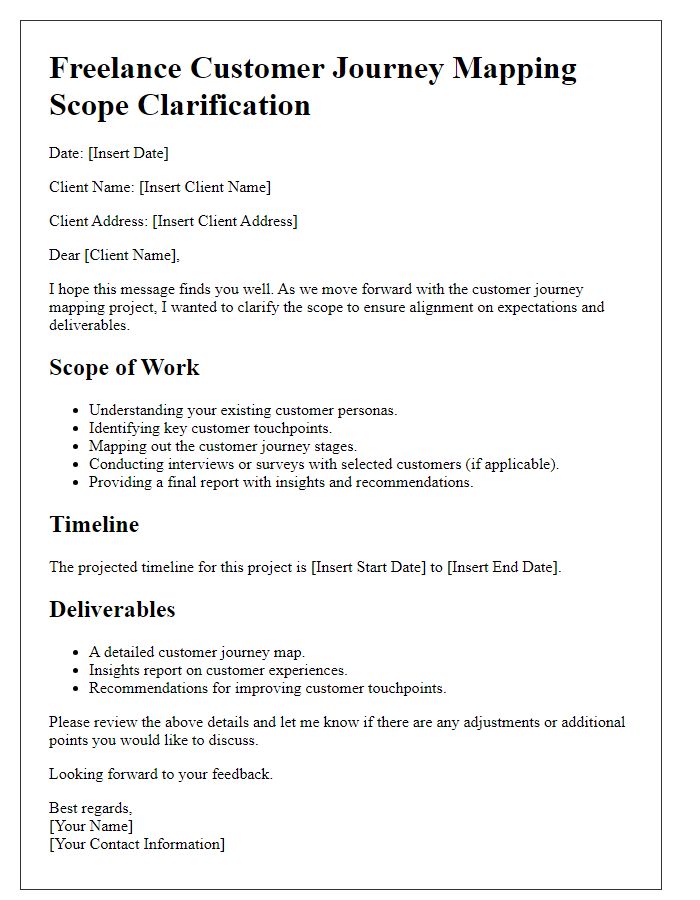Letter template of freelance customer journey mapping scope clarification.