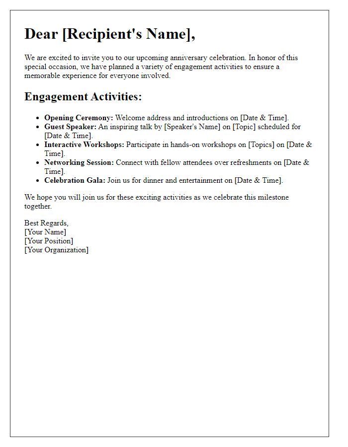 Letter template of engagement activities planned for our anniversary celebration.