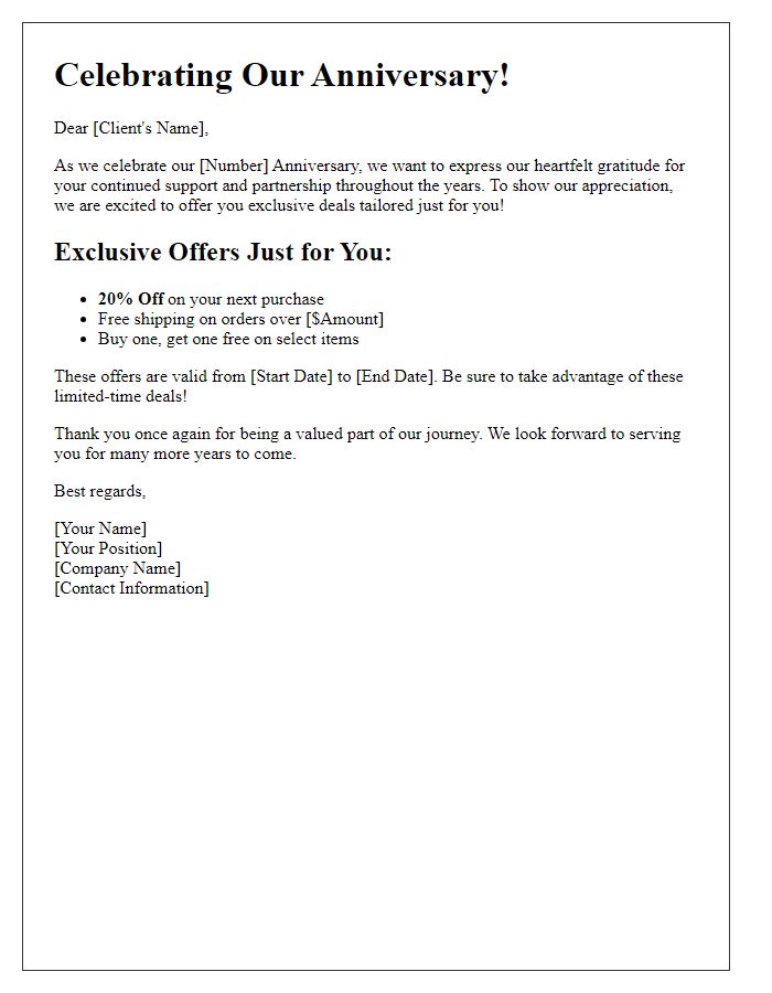 Letter template of exclusive offers for clients during our business anniversary.