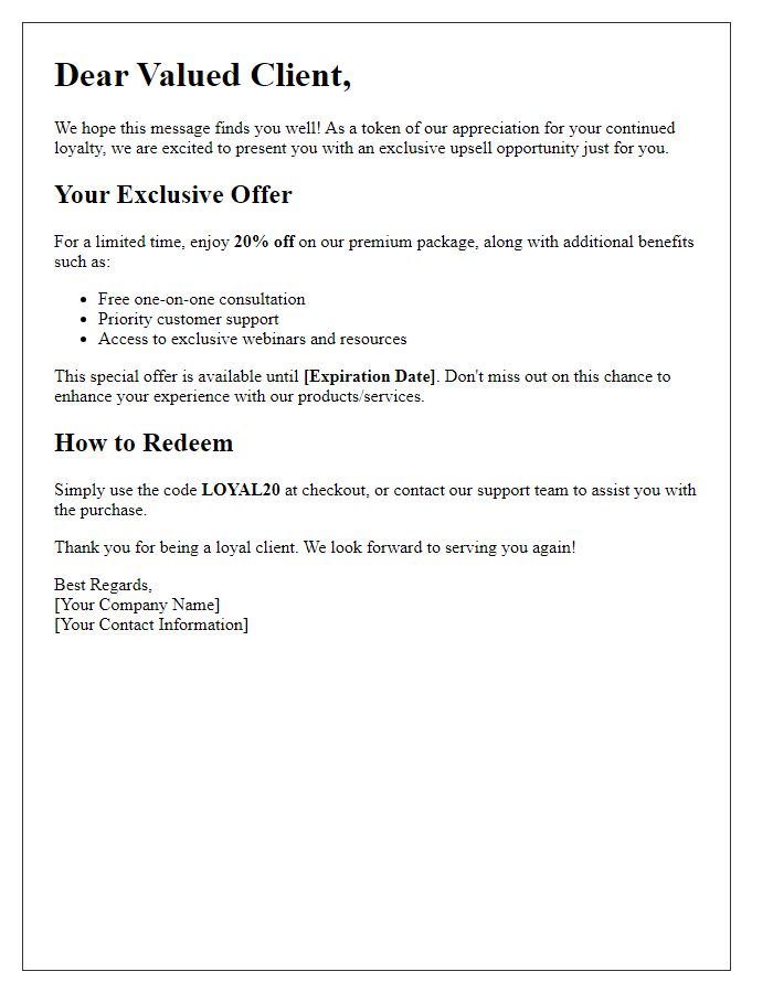 Letter template of exclusive upsell deal for loyal clients