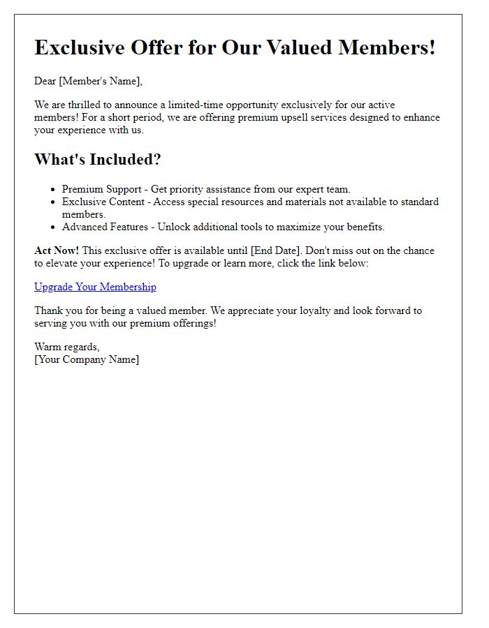 Letter template of limited-time upsell services for active members