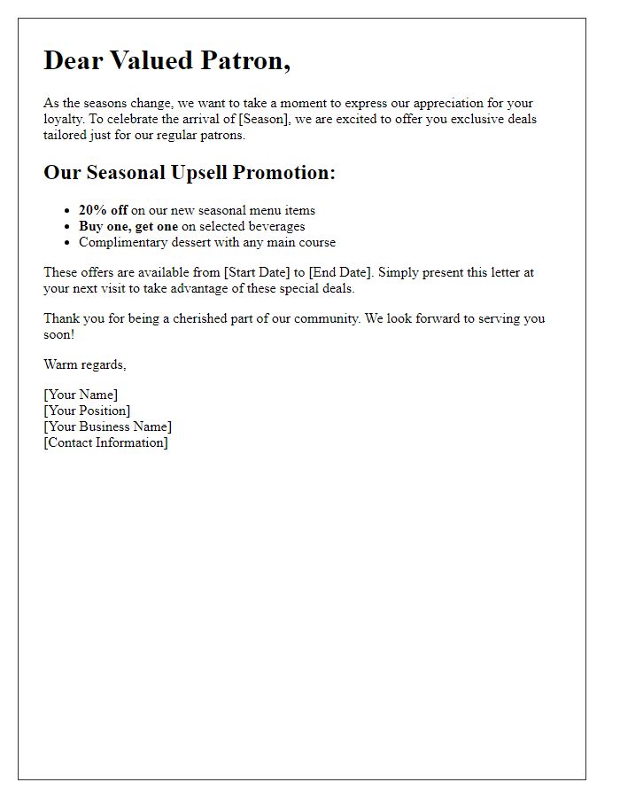 Letter template of seasonal upsell promotion for regular patrons