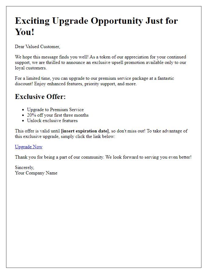Letter template of upsell promotion announcement for existing customers