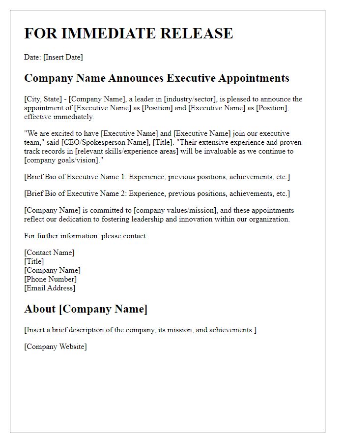 Letter template of press release concerning executive appointments