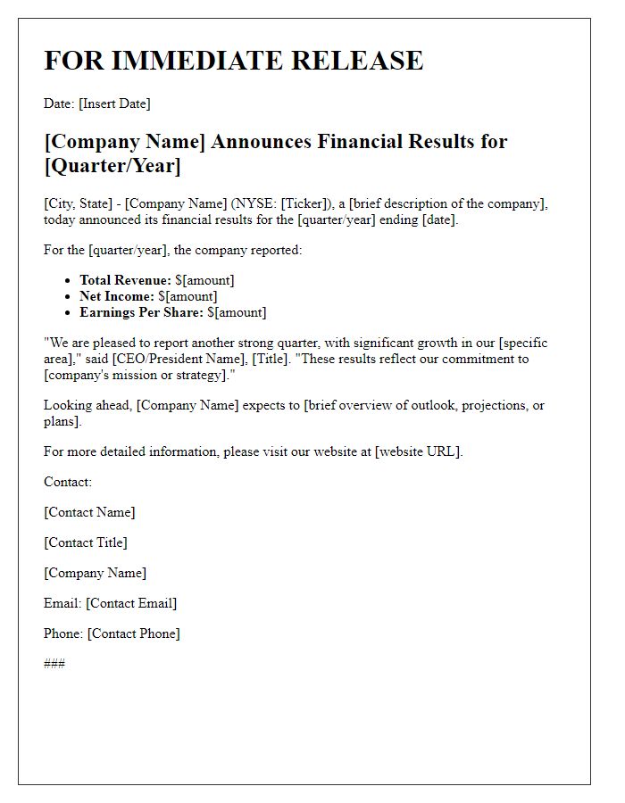 Letter template of press release on financial results