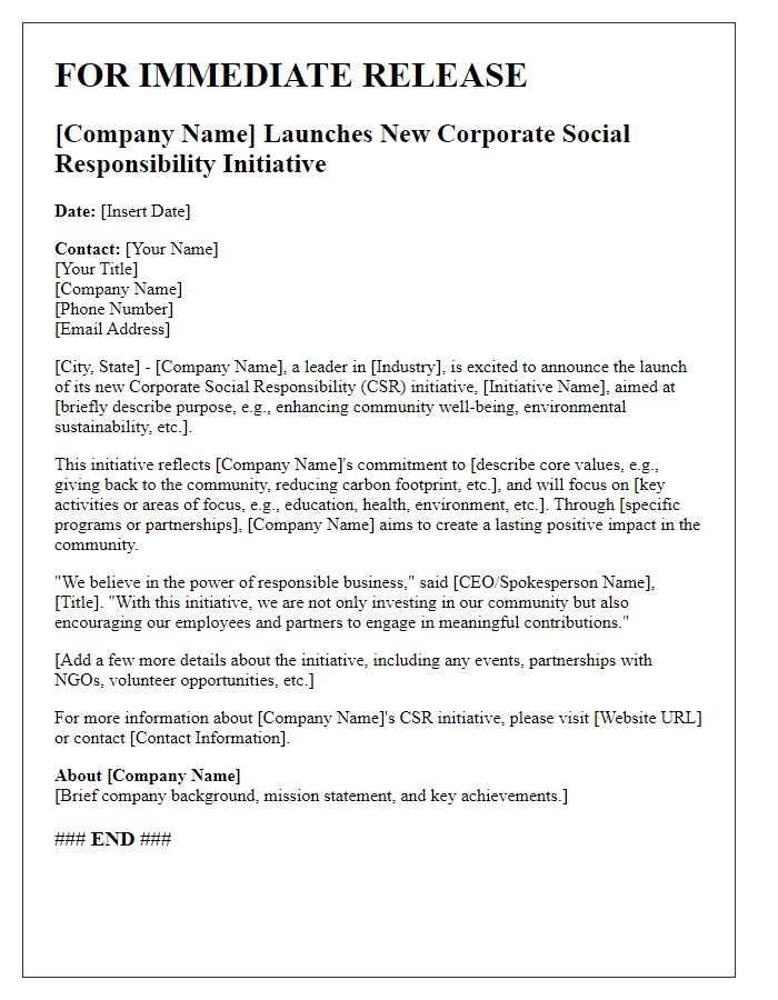 Letter template of press release regarding corporate social responsibility initiative