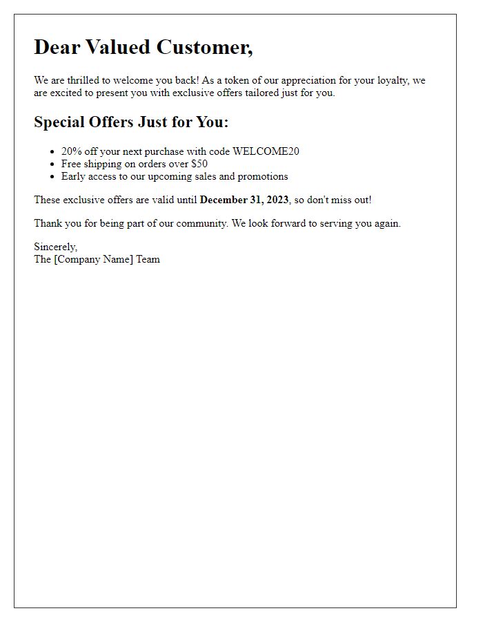 Letter template of Exclusive Offers for Returning Customers