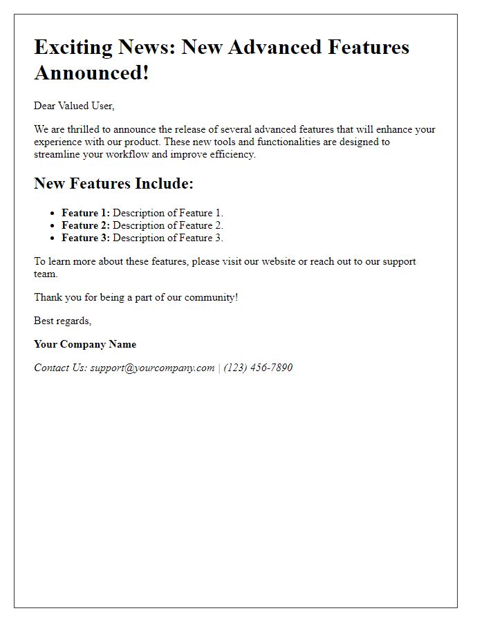 Letter template of advanced features announcement