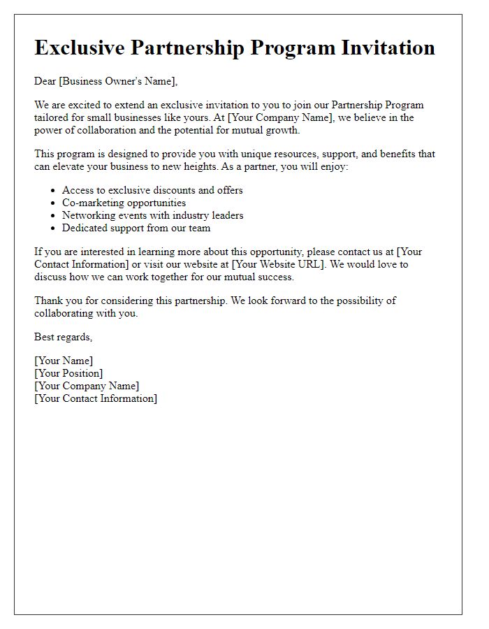 Letter template of exclusive partnership program invitation for small businesses.