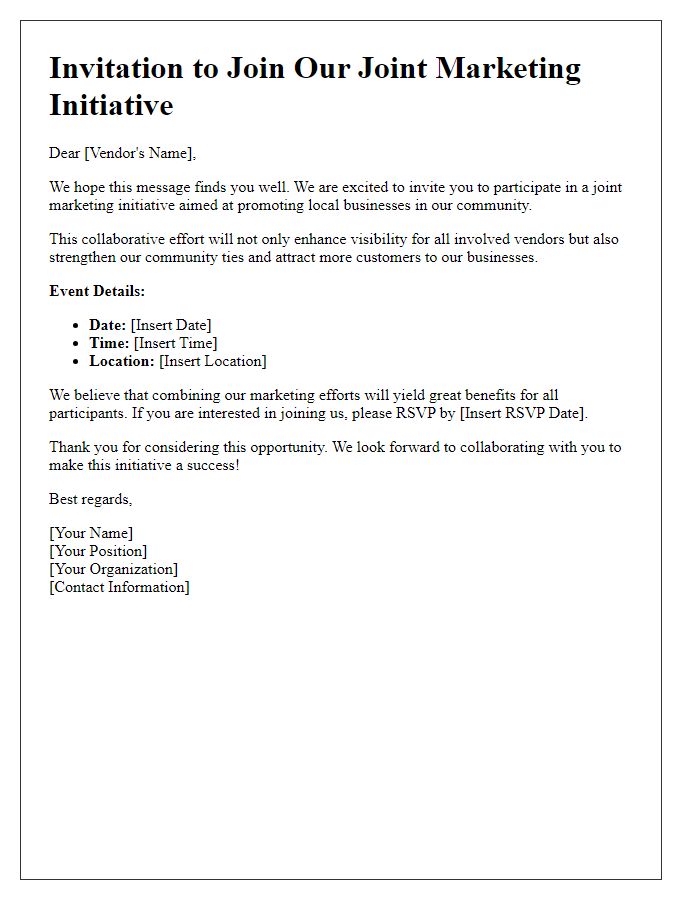 Letter template of joint marketing initiative invitation for local vendors.