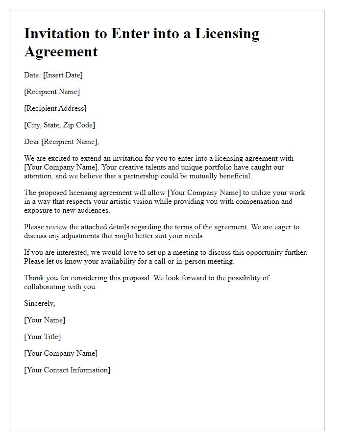 Letter template of licensing agreement invitation for creative professionals.