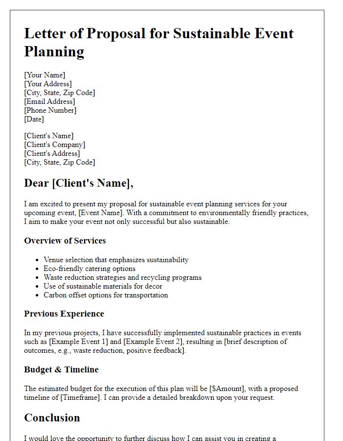 Letter template of freelance sustainable practice for green event planning.