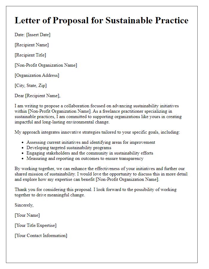 Letter template of freelance sustainable practice for non-profit sustainability initiatives.