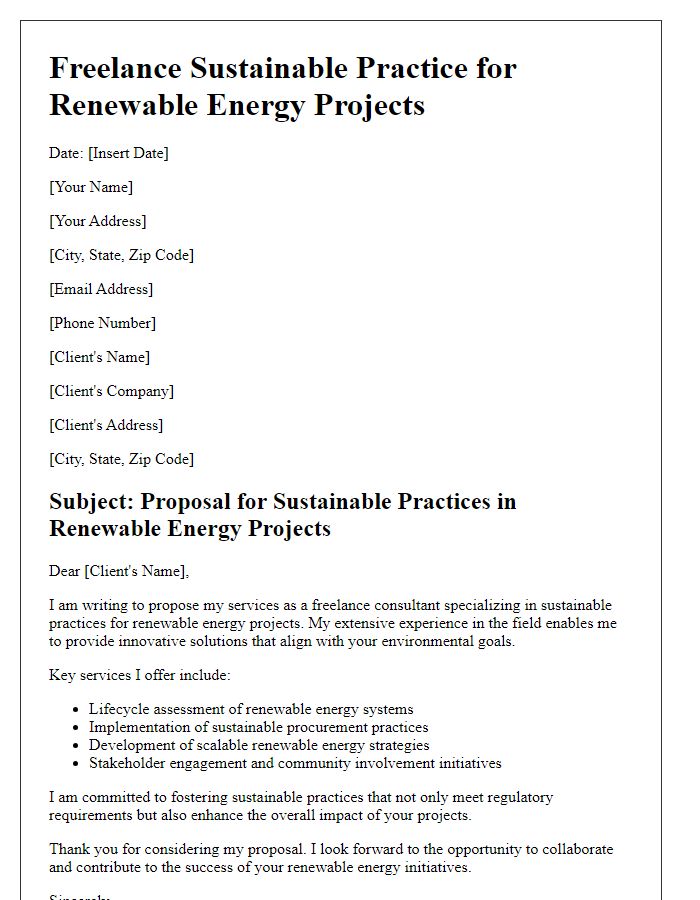 Letter template of freelance sustainable practice for renewable energy projects.