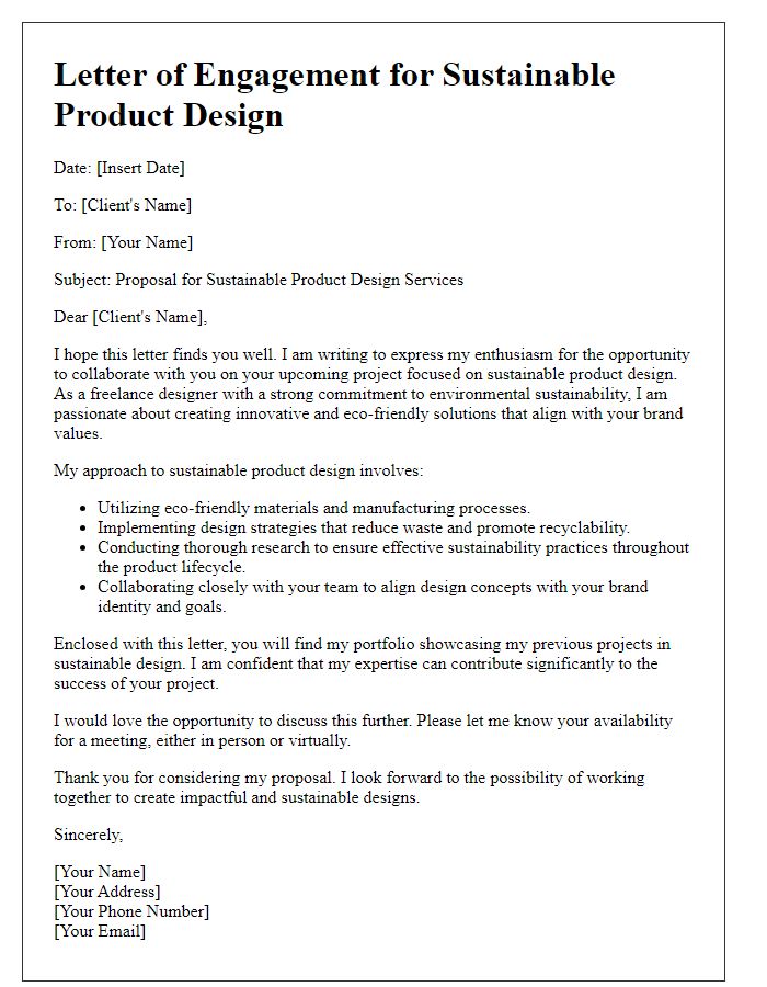 Letter template of freelance sustainable practice for sustainable product design.