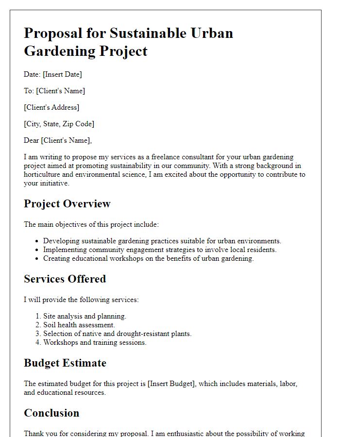 Letter template of freelance sustainable practice for urban gardening projects.