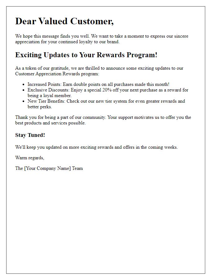 Letter template of customer appreciation rewards update