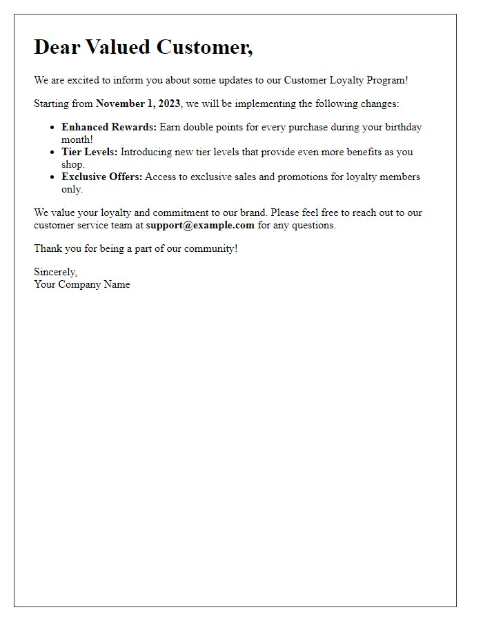 Letter template of customer loyalty program update notification