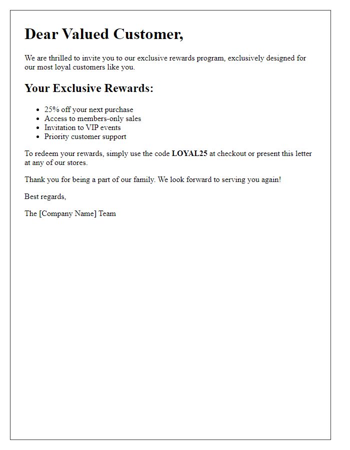 Letter template of exclusive rewards invitation for loyal customers