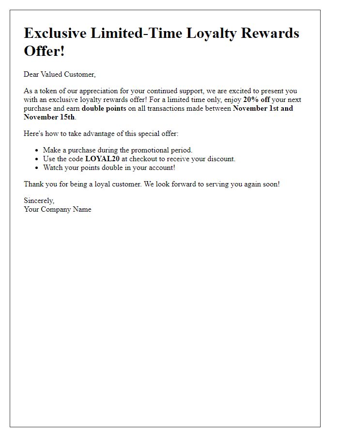 Letter template of limited-time loyalty rewards offer