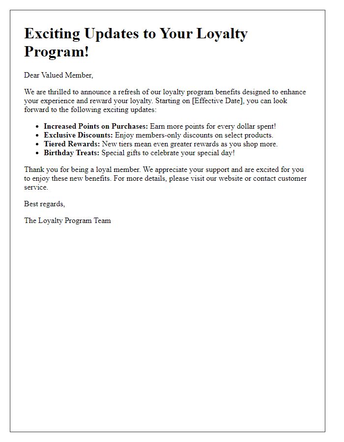 Letter template of loyalty program benefits refresh announcement