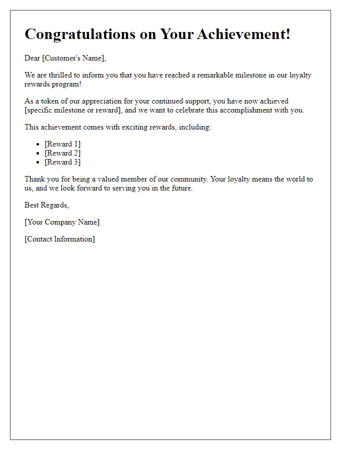 Letter template of loyalty rewards achievement announcement