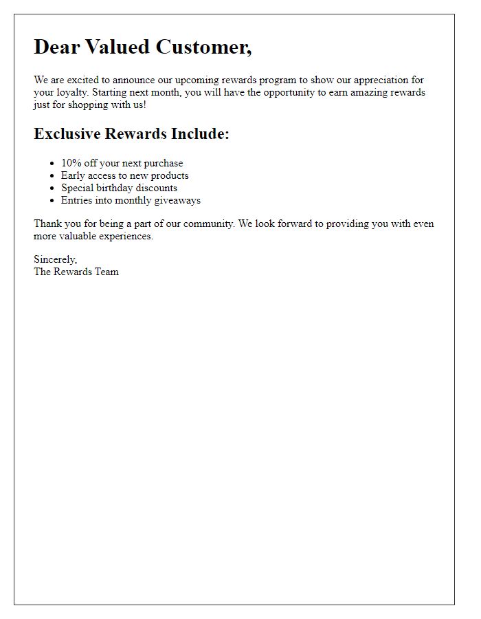 Letter template of upcoming rewards for valued customers