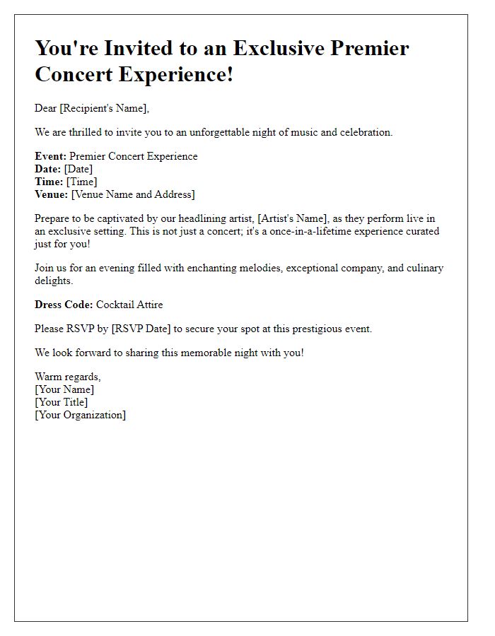 Letter template of exclusive invitation for a premier concert experience.