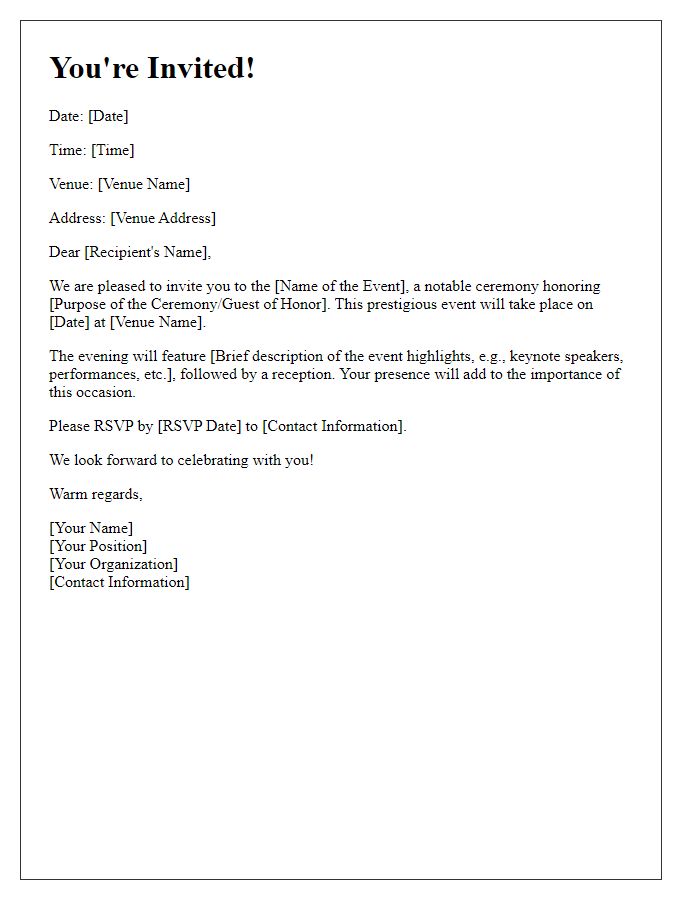 Letter template of formal invitation for a notable event headlining ceremony.