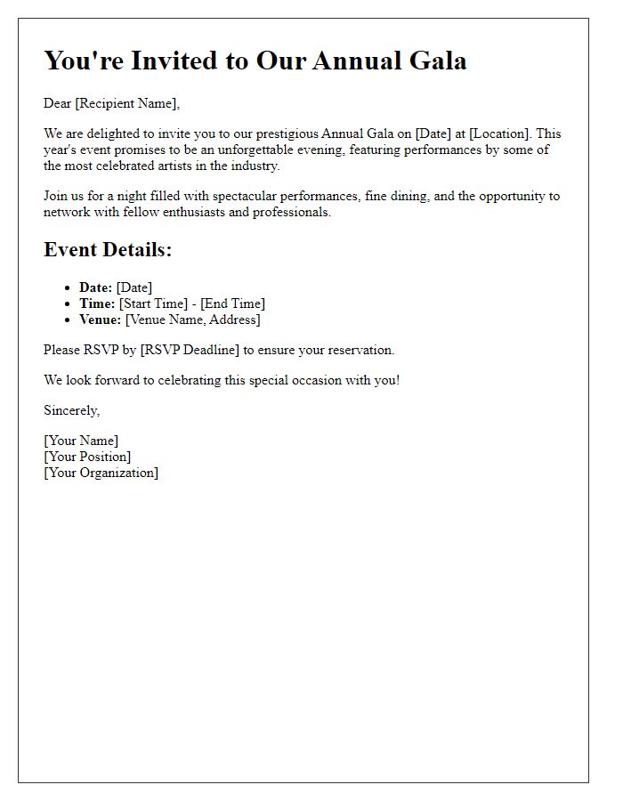 Letter template of professional invitation for a gala featuring top performers.