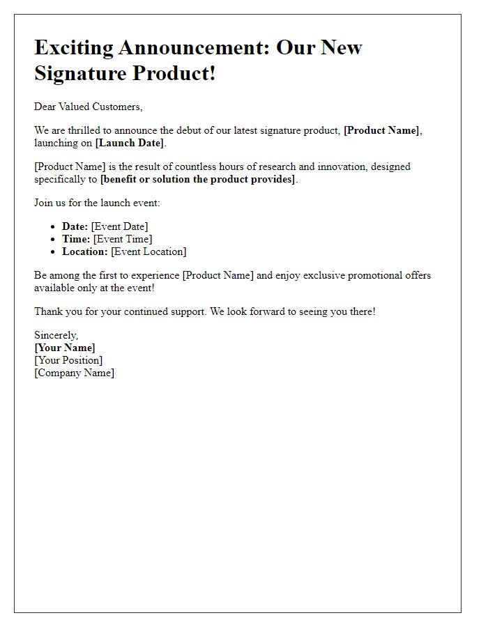 Letter template of signature product debut