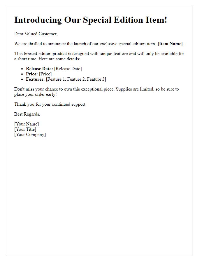 Letter template of special edition item announcement