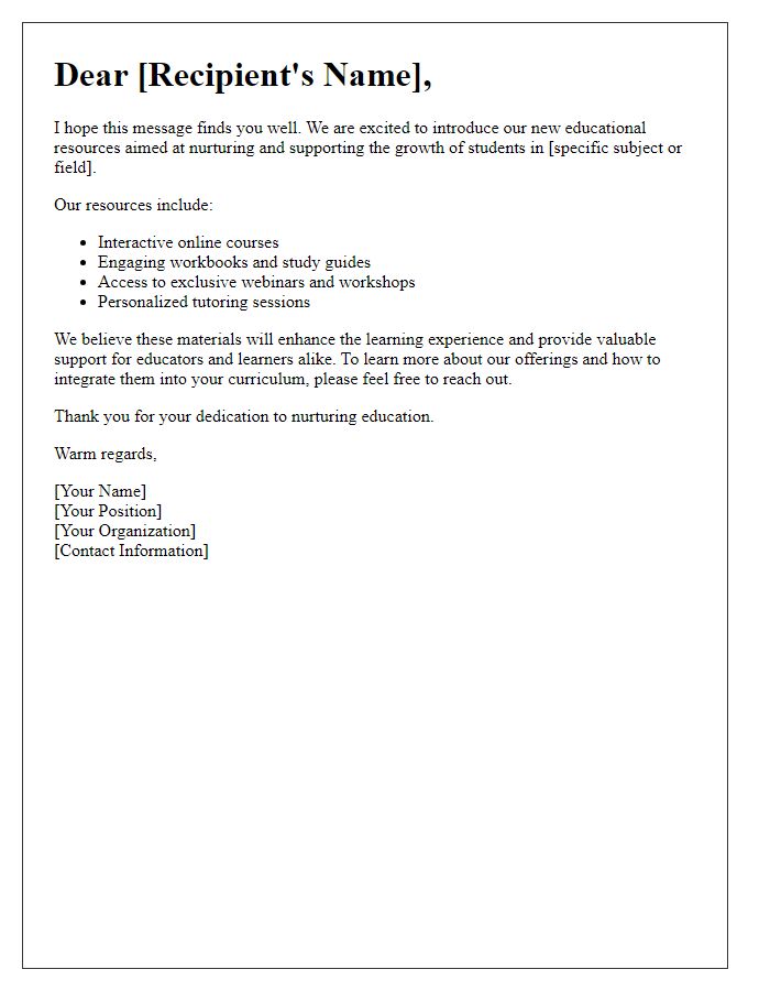 Letter template of an educational resource offer for nurturing