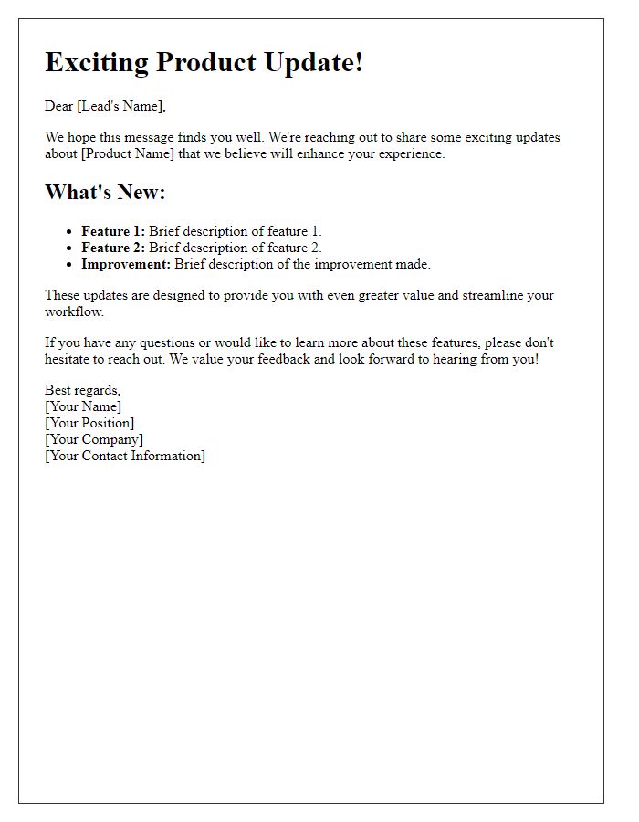 Letter template of a product update for current leads