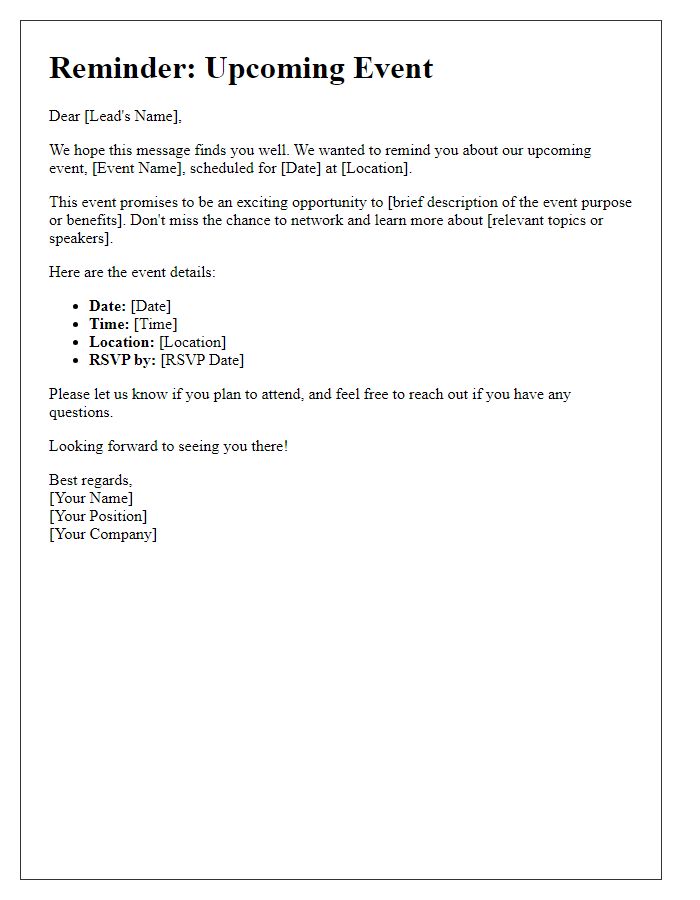 Letter template of a reminder for upcoming events relevant to leads