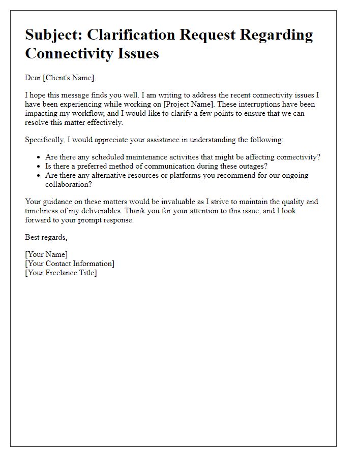 Letter template of freelance connectivity issue clarification request