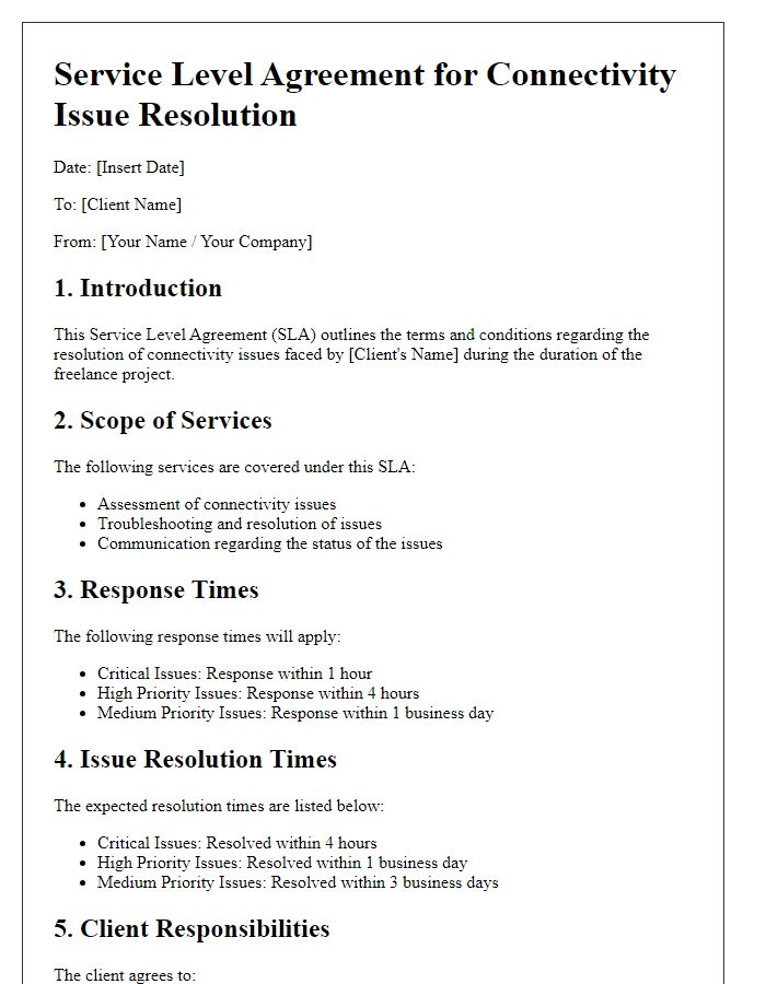 Letter template of freelance connectivity issue service level agreement