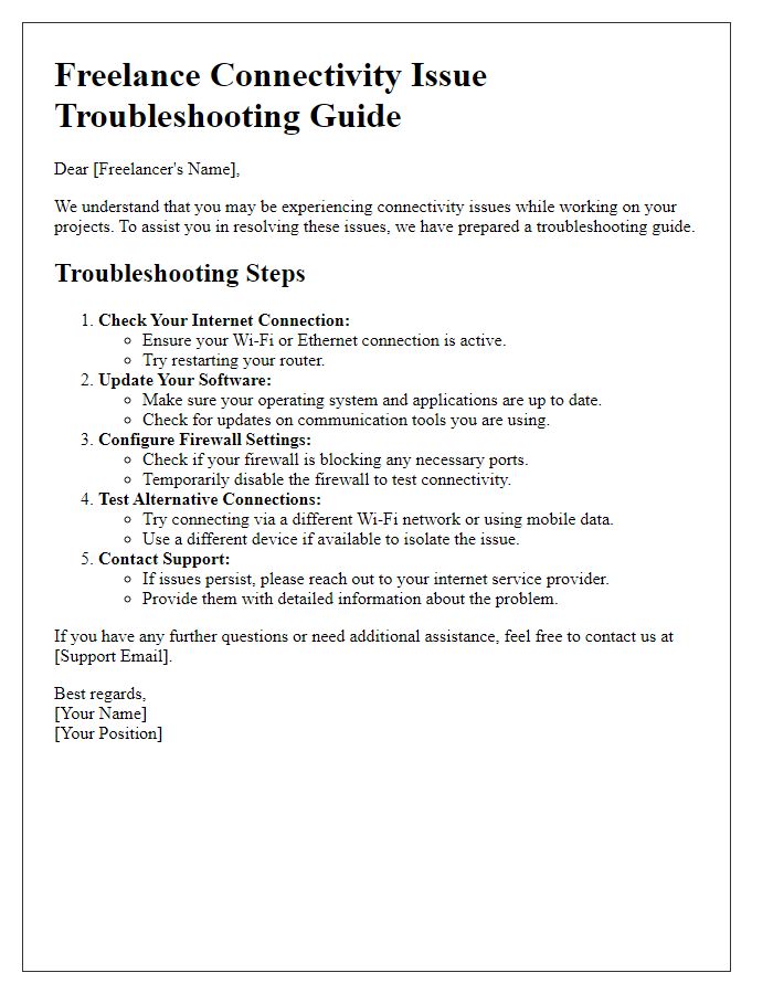 Letter template of freelance connectivity issue troubleshooting guide