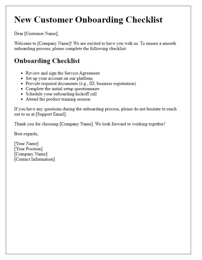 Letter template of checklist for new customer onboarding