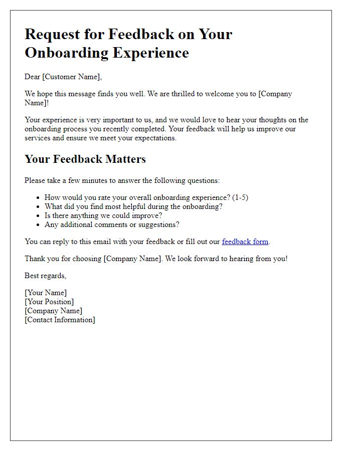 Letter template of feedback request for new customer onboarding